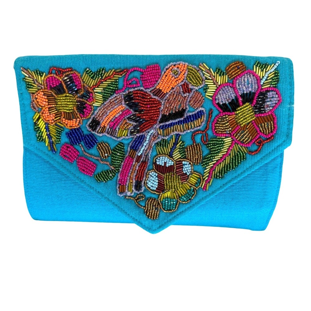Hand beaded Crossbody clutch artisan purse turquoise